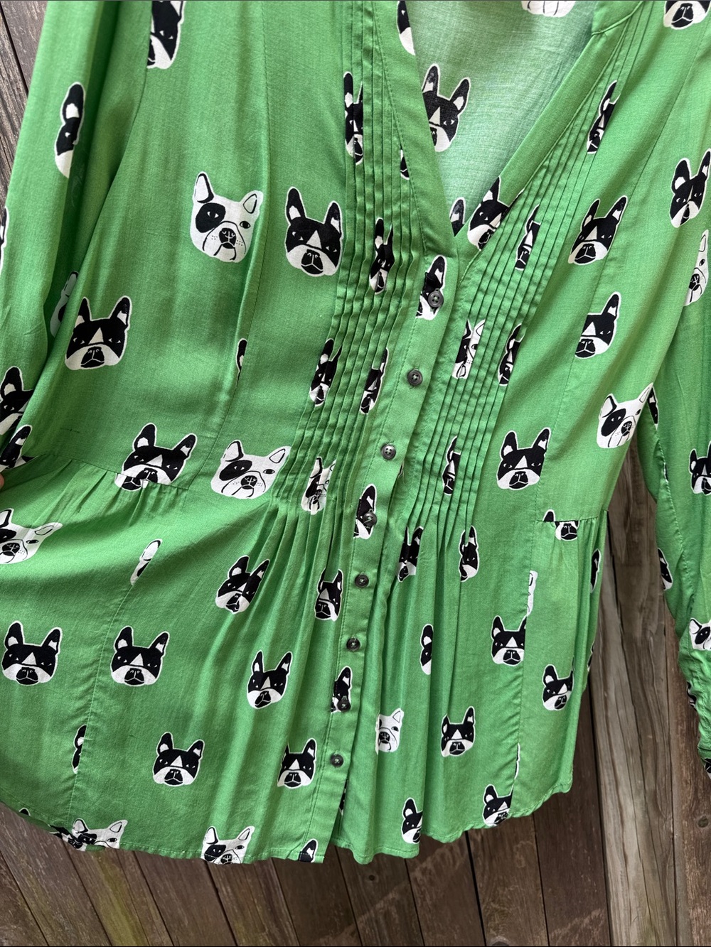 Maeve Anthropologie Green Boston or French Bulldog Print Blouse - Picture 6 of 6